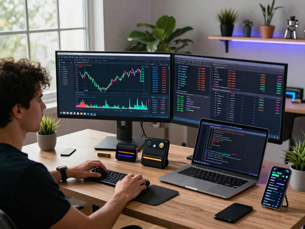 Kyber-swap trading setup displaying cryptocurrency dashboards and live feeds in a modern workspace.