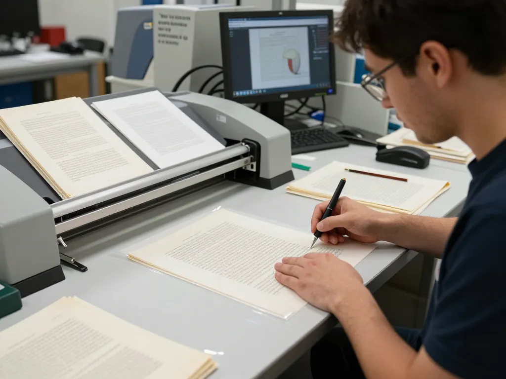 Bóc plastic process in document restoration featuring technician and tools.