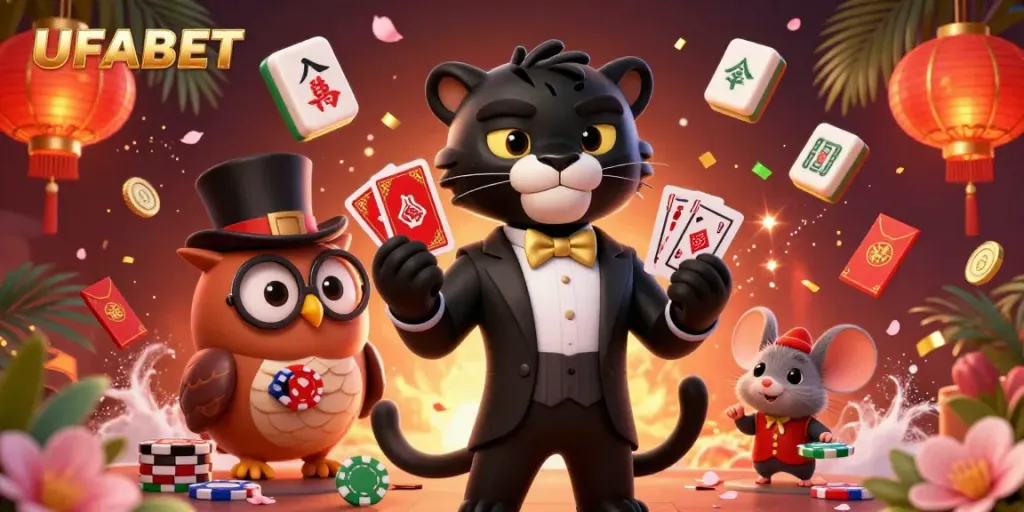 Experience thrilling card games with UFABET's stylish black panther dealer, flanked by elegant characters.