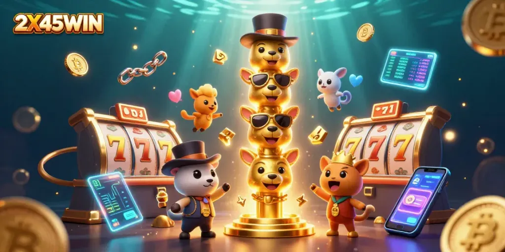 Menangkan permainan slot di 2X45WIN dengan ilustrasi mendalam yang menampilkan simbol jackpot dan koin kripto.