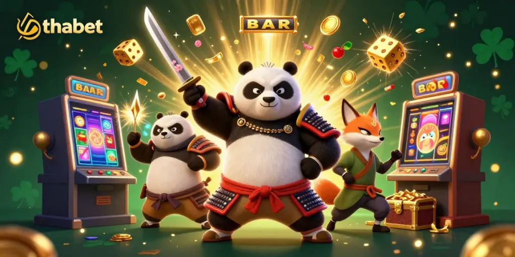 Engage in thrilling gameplay at thabet with a dynamic 3D casino scene featuring samurai panda and ninja fox.