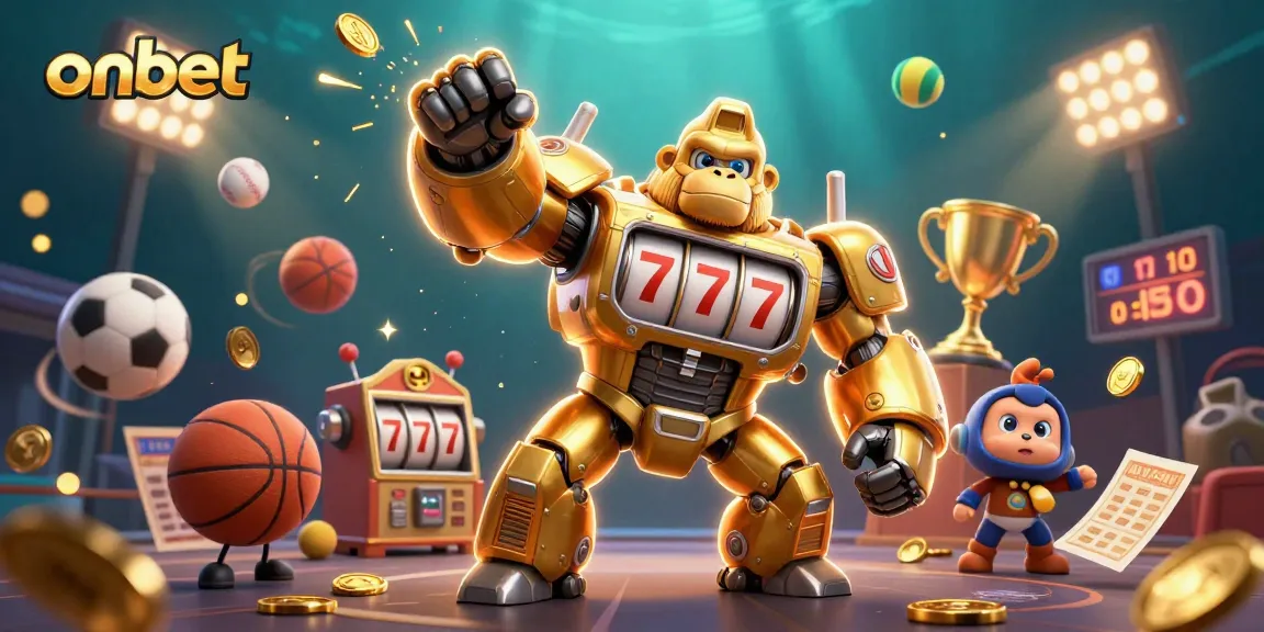 Experience thrilling gaming with onbet's golden gorilla mech surrounded by vibrant sports elements.