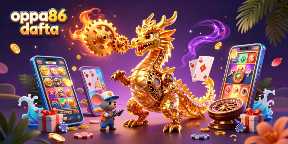 Experience gaming magic with oppa86 dafta as a dragon breathes golden gears and coins in an exciting casino scene.