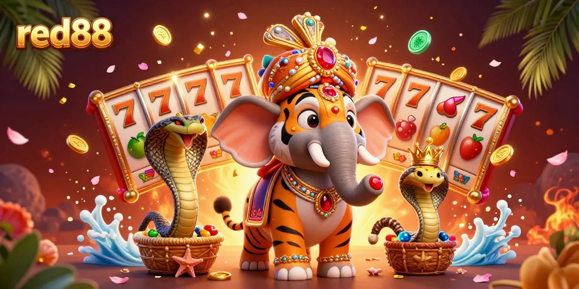 Experience the excitement of red88 with a thrilling casino scene featuring spinning slot reels and vibrant elements.