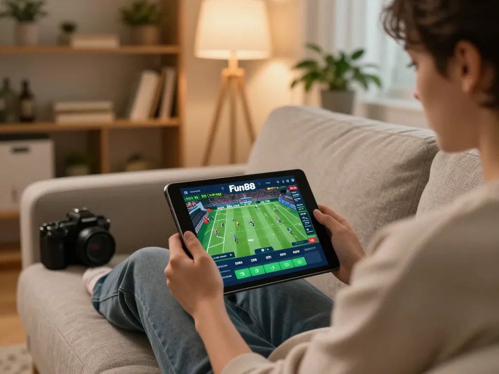 Engaging in online sports betting with Fun88 on a cozy sofa, showcasing a strategic and responsible approach to gaming