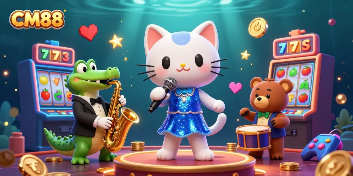 Engage in thrilling slots action at CM88 with 3D jazz-singer cat and vibrant casino elements.